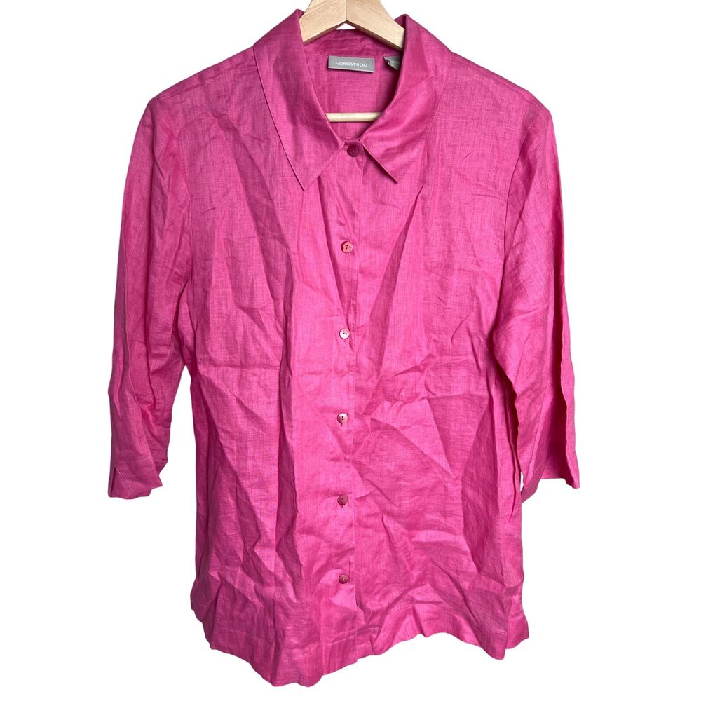 Nordstrom Large Pink Linen Button Down Women Shirt Blouse